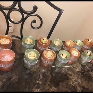 Pearly peach & mint green votives , faux flame